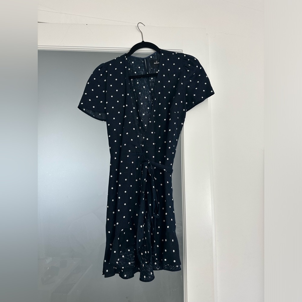Reformation linen navy dress with white polkadots